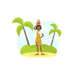 African Young Man Woman in Traditional National Clothes Carrying Basket on Her Head Vector illustration