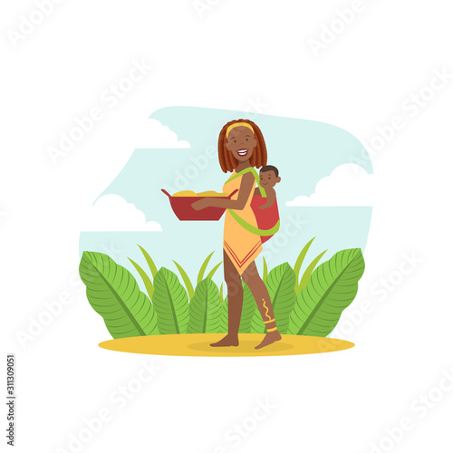 Smiling African Woman in Traditional Clothes Walking with Baby on Her Back Vector illustration