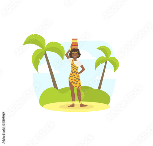 African Young Man Woman in Traditional National Clothes Carrying Basket on Her Head Vector illustration