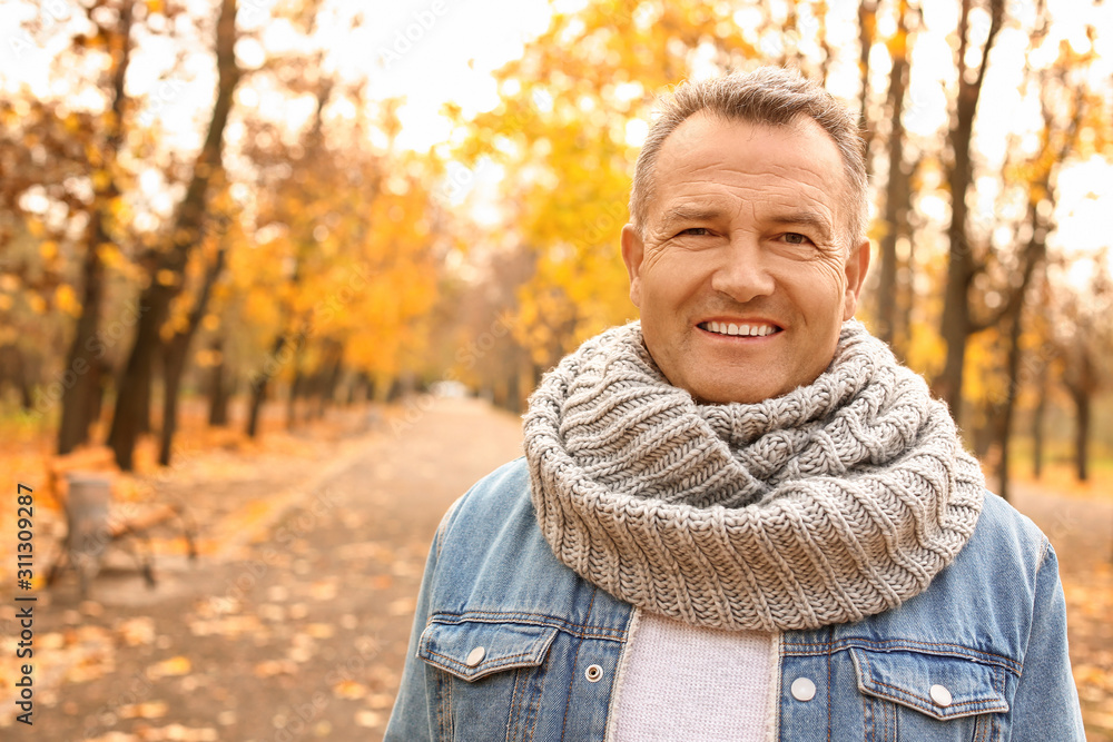 Portrait of handsome mature man in autumn park Portrait of handsome mature man in autumn park