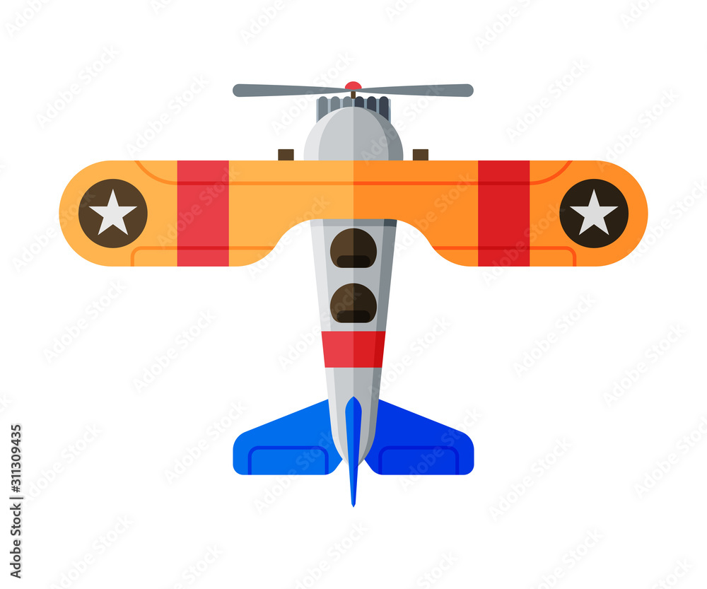Obraz premium Flying Aircraft, Biplane View from Above, Air Transport Vector Illustration