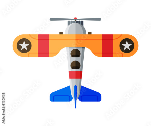 Flying Aircraft, Biplane View from Above, Air Transport Vector Illustration