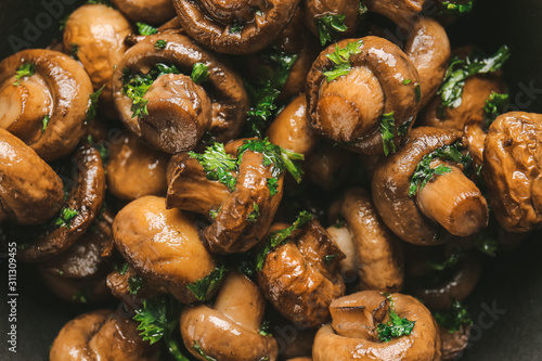Tasty cooked mushrooms as background