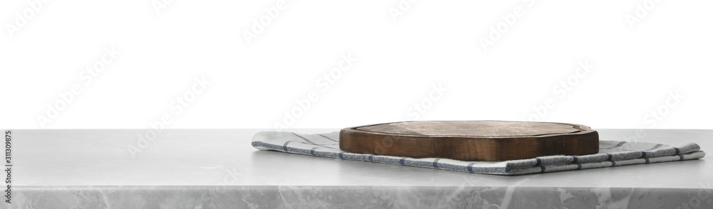 Folded kitchen towel and cutting board on grey table. Space for design - obrazy, fototapety, plakaty 
