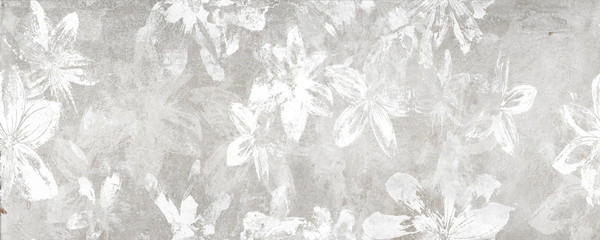 Flowers on the old white wall background, digital wall tiles or wallpaper design