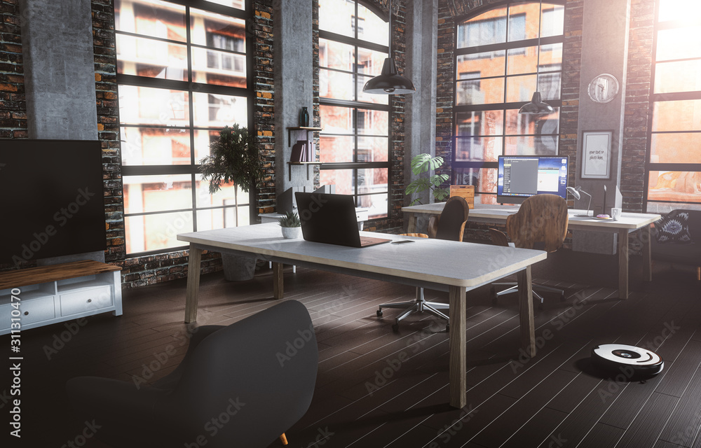 Office in industrial loft interior - concept in New York City area Office in industrial loft interior - concept in New York City area