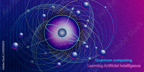 Quantum computing abstract physics background concept with qubit. Learning artificial intelligence element. Cryptography infographic vector. Big data algorithms visualization.