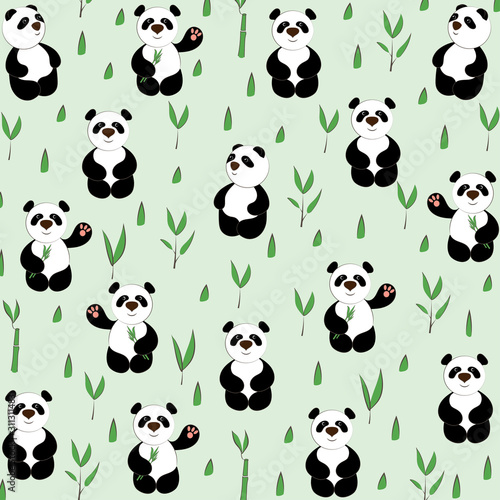  Funny pandas. Texture. Pandas in the bamboo thicket. Decor element. Vector illustration.