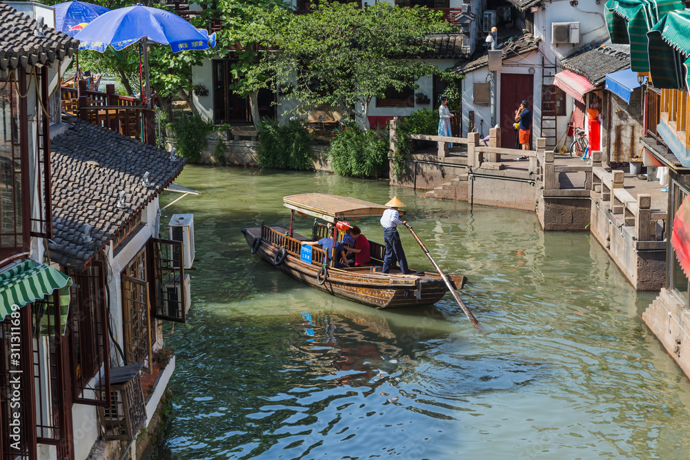 Shanghai, China - May 23, 2018: Boat cruise on the canal in Zhujiajiao water town