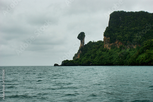 An island similar to a turtle or a Loch Ness monster. Unusual Islands of Thailand in rainy weather.