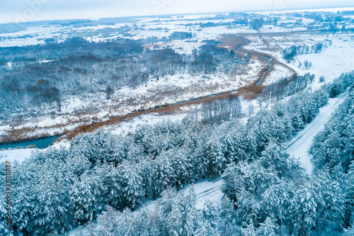 Winter landscape with river and pine snowy forest. Trees covered with snow. Aerial view