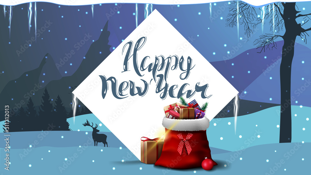 Happy New Year, blue postcard with white large diamond, Santa Claus bag with presents and winter landscape on background with mountains - obrazy, fototapety, plakaty 