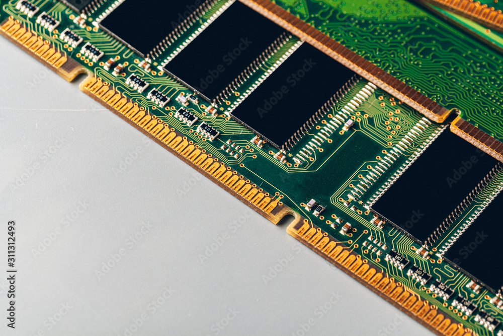 Green circuit board of a computer close up Green circuit board of a computer close up