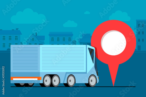 Modern cargo truck trailer logistic near geotag gps navigator location pin icon on urban city road. Business transport tracking delivery monitoring service concept. Shipping vehicle illustration