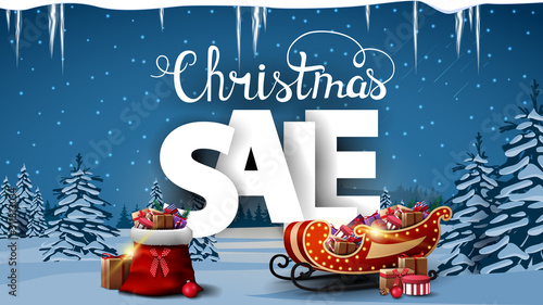 Christmas sale, discount banner with Santa Claus bag, Santa Sleigh with presents, white volumetric letters and winter landscape with snow-covered pines
