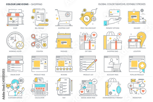 Shopping related, color line, vector icon, illustration set