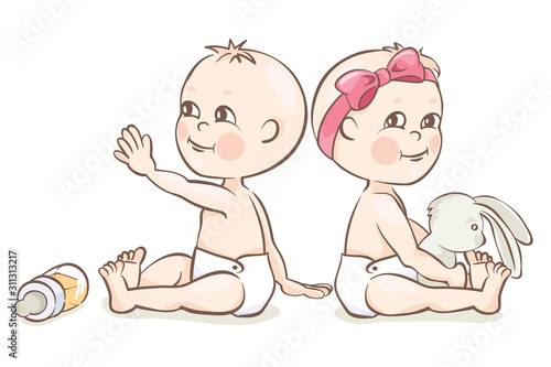 Baby boy and girl. Children aged about a year, vector illustration. 