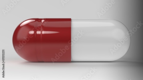 Red white capsule pill isolated closeup view. 3D render