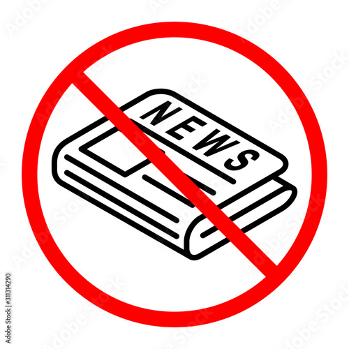 flat black hand holds out newspaper icon is crossed out with a red STOP sign. concept on topic of direct news provider