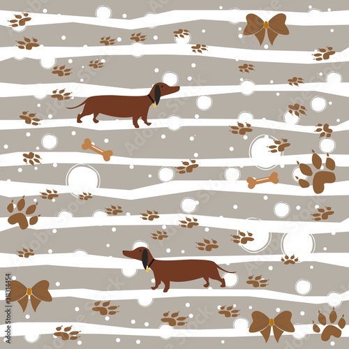 Seamless Dachshund Dog Pattern with bones, bows, dog houses and footprints