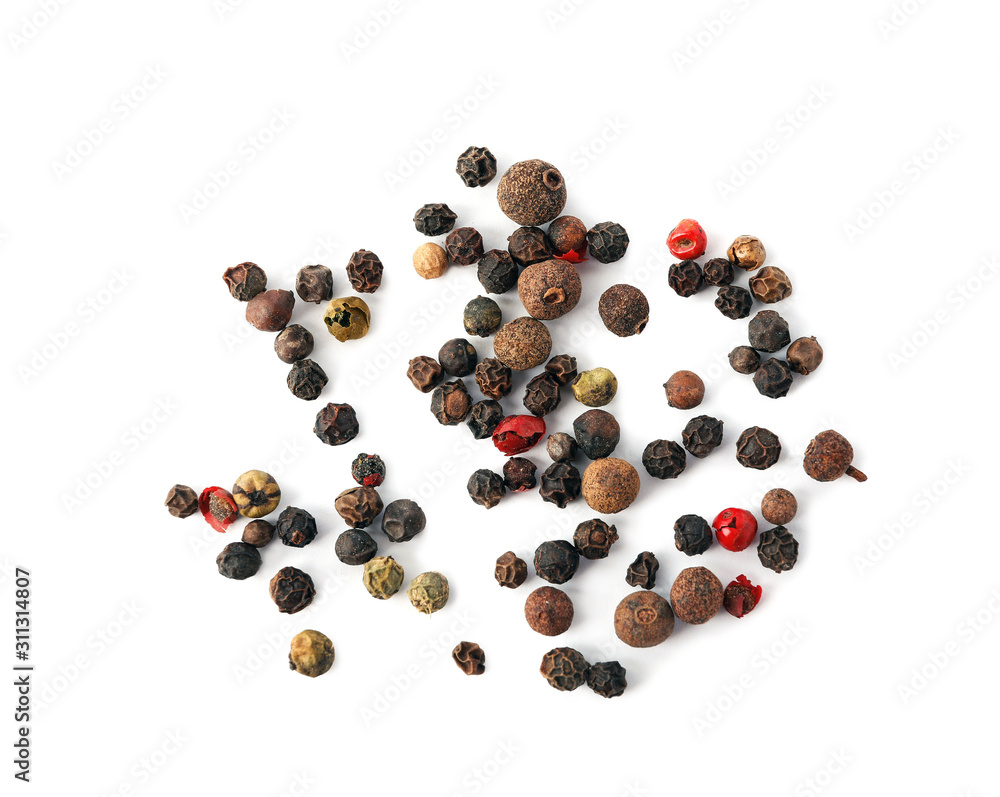 Different peppers mix on white background, top view