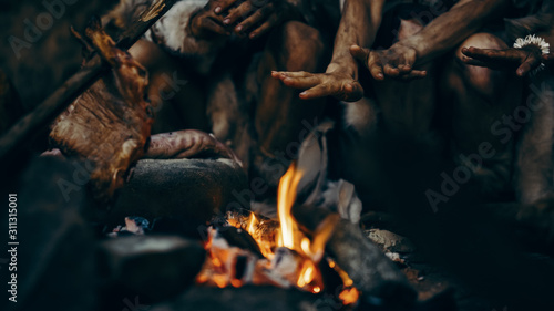 Close-up of Tribe Prehistoric Hunter-Gatherers Trying to Get Warm at the Bonfire, Holding Hands over Fire, Cooking Food. Neanderthal or Homo Sapiens Family Live in Cave at Night. 