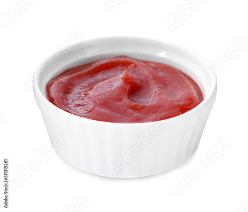 Delicious tomato sauce in bowl isolated on white
