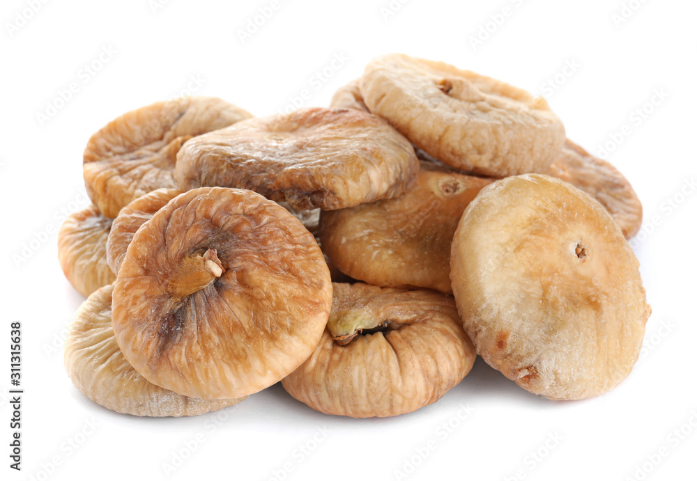 Pile of tasty dried figs isolated on white Pile of tasty dried figs isolated on white