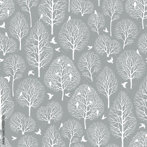 Seamless background with silhouette of trees and birds in the garden, vector illustration in vintage style on gray background.