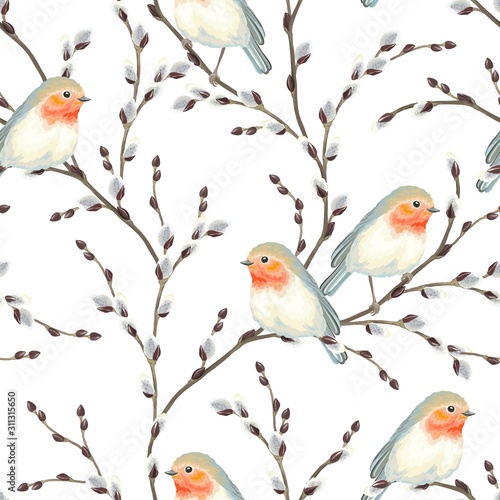 Seamless pattern of Willow branches and birds Robin, vector illustration on white background.