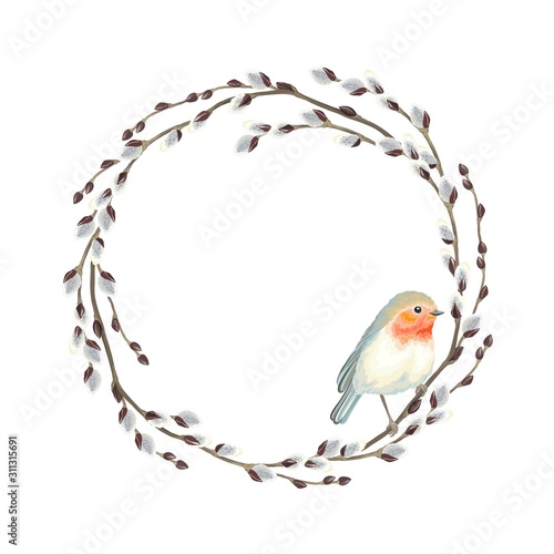 Frame of Willow branches and bird Robin, vector illustration.
