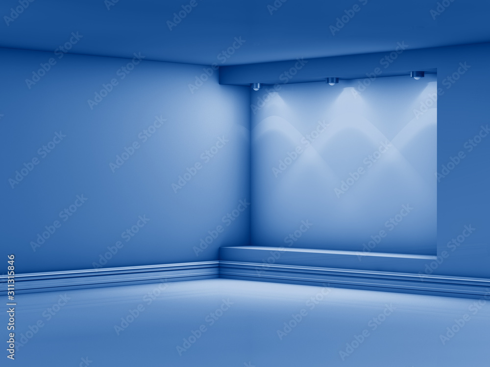 3D rendering of empty niche with spotlights for exhibit in interior toned in trendy Classic Blue color of the Year 2020 3D rendering of empty niche with spotlights for exhibit in interior toned in trendy Classic Blue color of the Year 2020