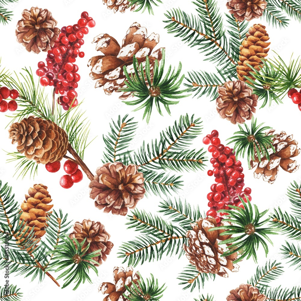 Naklejka premium Watercolor winter botanical seamless pattern, repeating background. Christmas holiday season design.