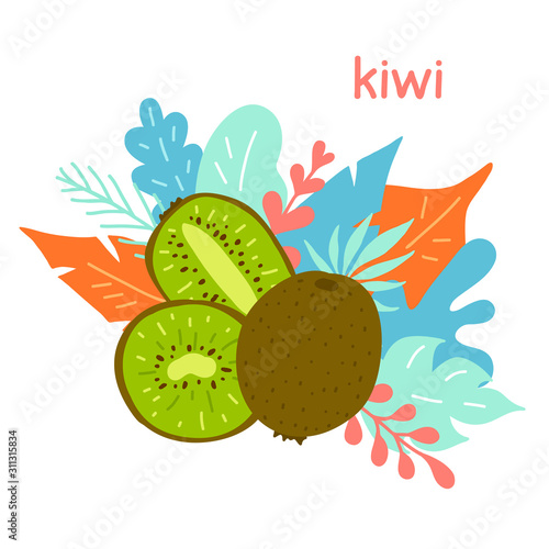 Hand-drawn kiwi on the background of tropical foliage. Colorful vector composition of fruits isolated on a white background. Template for advertising. Trend doodle style.