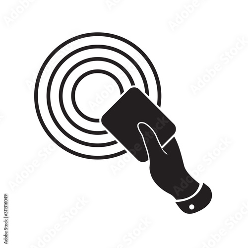  Flat hand applies contactless payment facility to nfc tag icon.