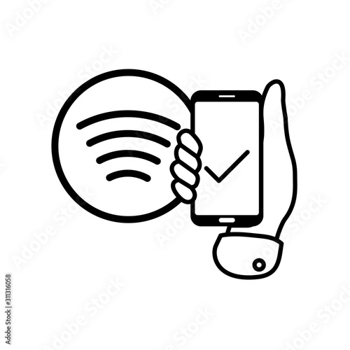  Flat hand applies contactless payment smartphone to nfc tag icon.