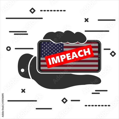 Flat Line art design graphic concept of black mobile phone with american flag and text Impeachment above in hand icon on white background