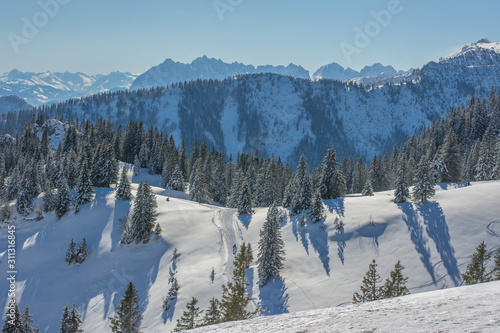 Berge und Wälder im Schnee mit Fußspuren im Vordergrund