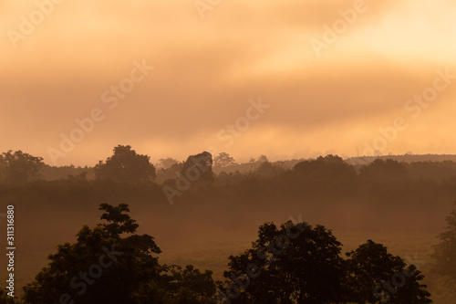 Sunrise at The tropical forest in mountain landscape.