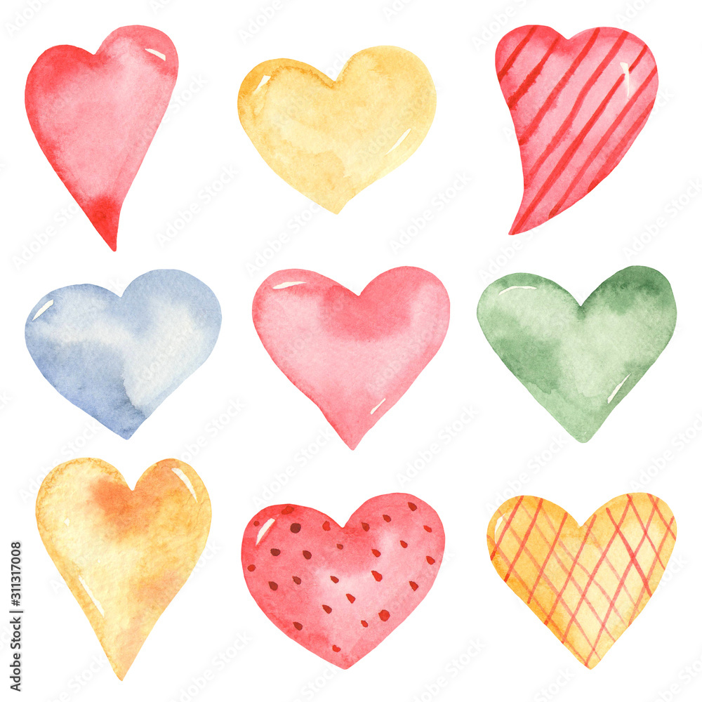 Watercolor clipart with multicolored hearts