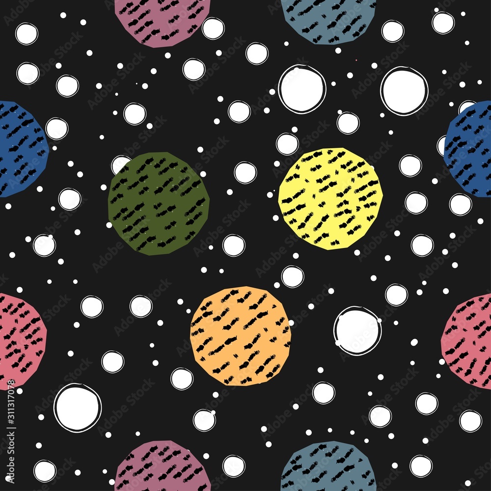Cute Hand Drawn Pattern with colorful Balls on dark background. Cute Hand Drawn Pattern with colorful Balls on dark background.