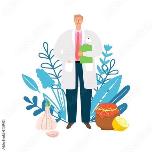 Doctor homeopath. Naturopath, treatment with natural products. Doctor, herbs and traditional medicine vector illustration