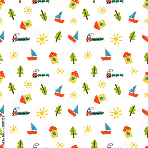 Kids drawing. Home, ship and suns background. Bright simple children art vector seamless pattern