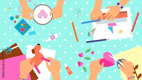 Workshop. Kids creative lab, hand made lesson. Kindergarden classes top view. Hands make art vector illustration