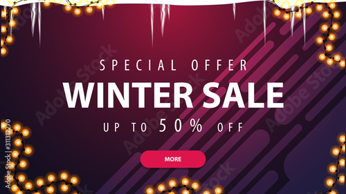 Special offer, winter sale, up to 50% off, purple discount banner with icicles, garland, pink button and liquid shapes