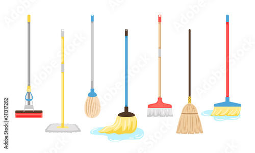 Brooms and mops equipment. Hygiene handling equipments objects vector illustration, household mop and housework broom tools isolated on white background