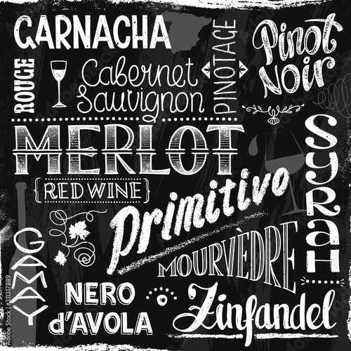 Lettering Composition with Titles of Red Wine in a Chalk Drawn Style