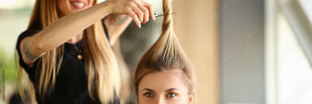 Fototapeta premium Hairdresser Cutting by Scissors Ponytail Portrait