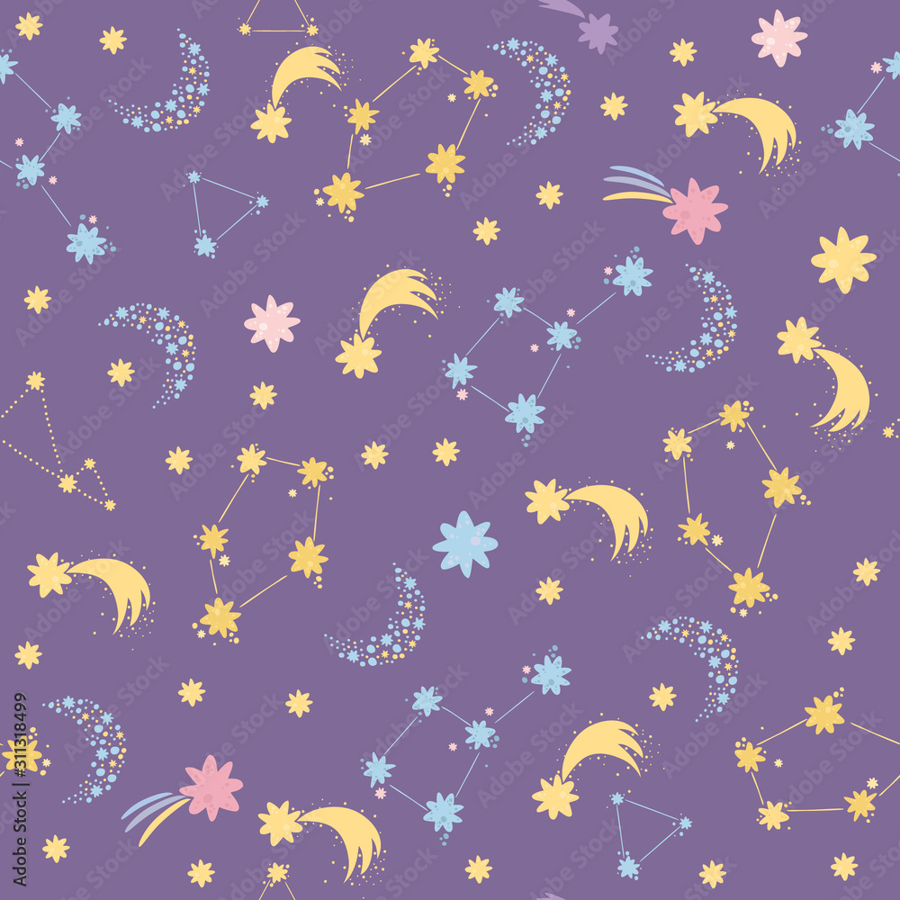 Vector seamless pattern, starry sky. Space galaxy, constellations of the solar system. Pastel colors. For toddlers and children Vector seamless pattern, starry sky. Space galaxy, constellations of the solar system. Pastel colors. For toddlers and children