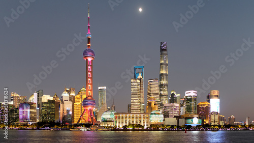 Skyline view from Bund waterfront on Pudong New Area in sunset evening  Lujiazui is the business quarter of Shanghai.